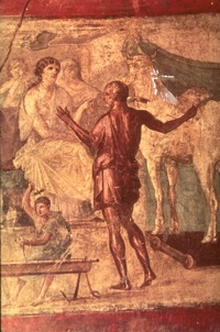 Daedalus, Pasiphae and wooden cow; Pompeian wall painting